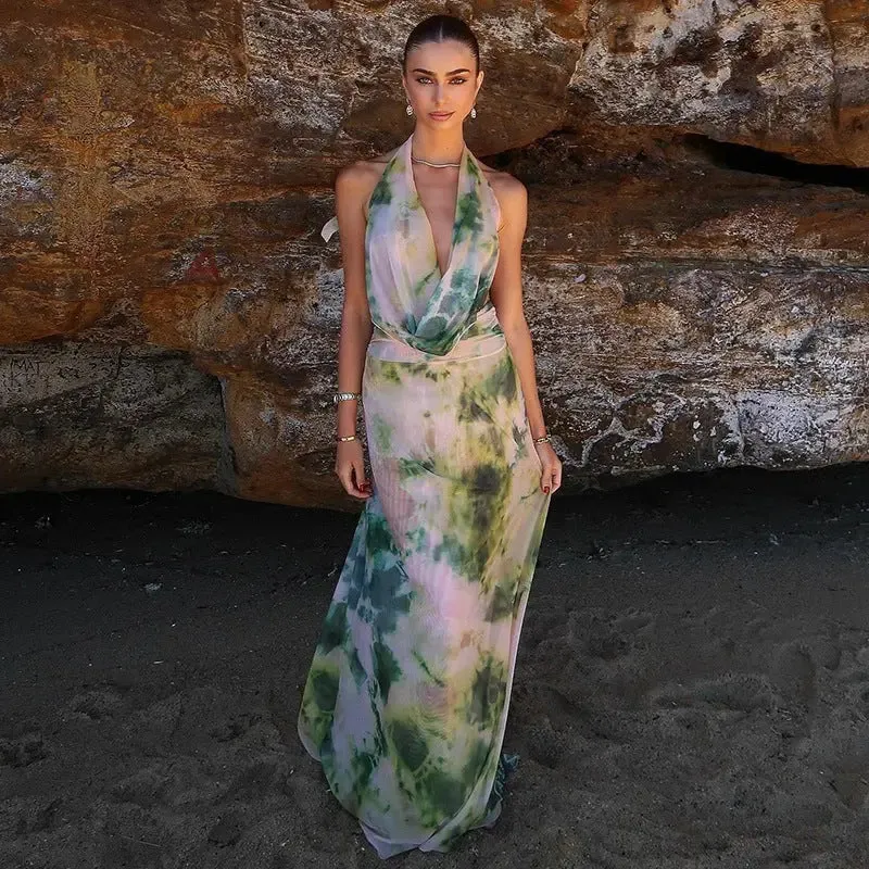 2-Pack Tie Dye Deep V-Neck Backless Dresses - Womens Beach Party Fashion