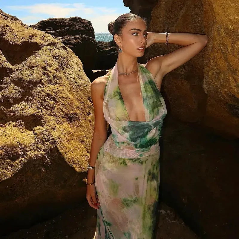 2-Pack Tie Dye Deep V-Neck Backless Dresses - Womens Beach Party Fashion