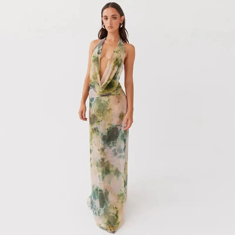 2-Pack Tie Dye Deep V-Neck Backless Dresses - Womens Beach Party Fashion