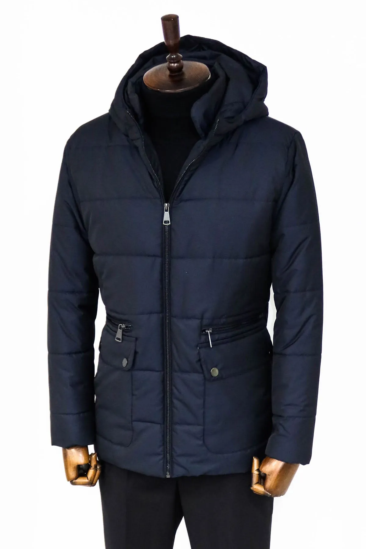 4 Pockets Hooded Zippered Quilted Navy Blue Men Down Coat