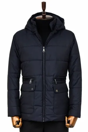 4 Pockets Hooded Zippered Quilted Navy Blue Men Down Coat