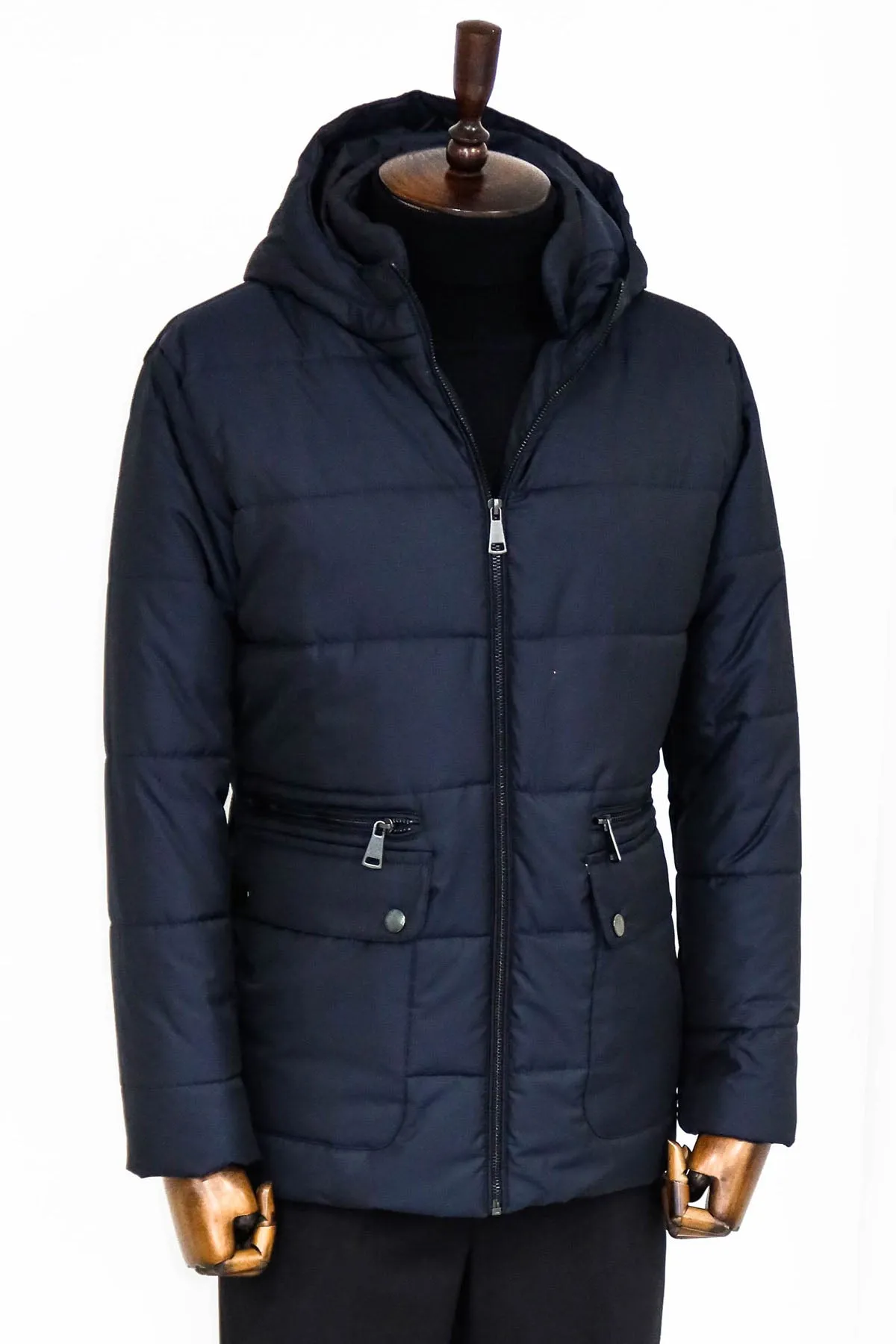 4 Pockets Hooded Zippered Quilted Navy Blue Men Down Coat