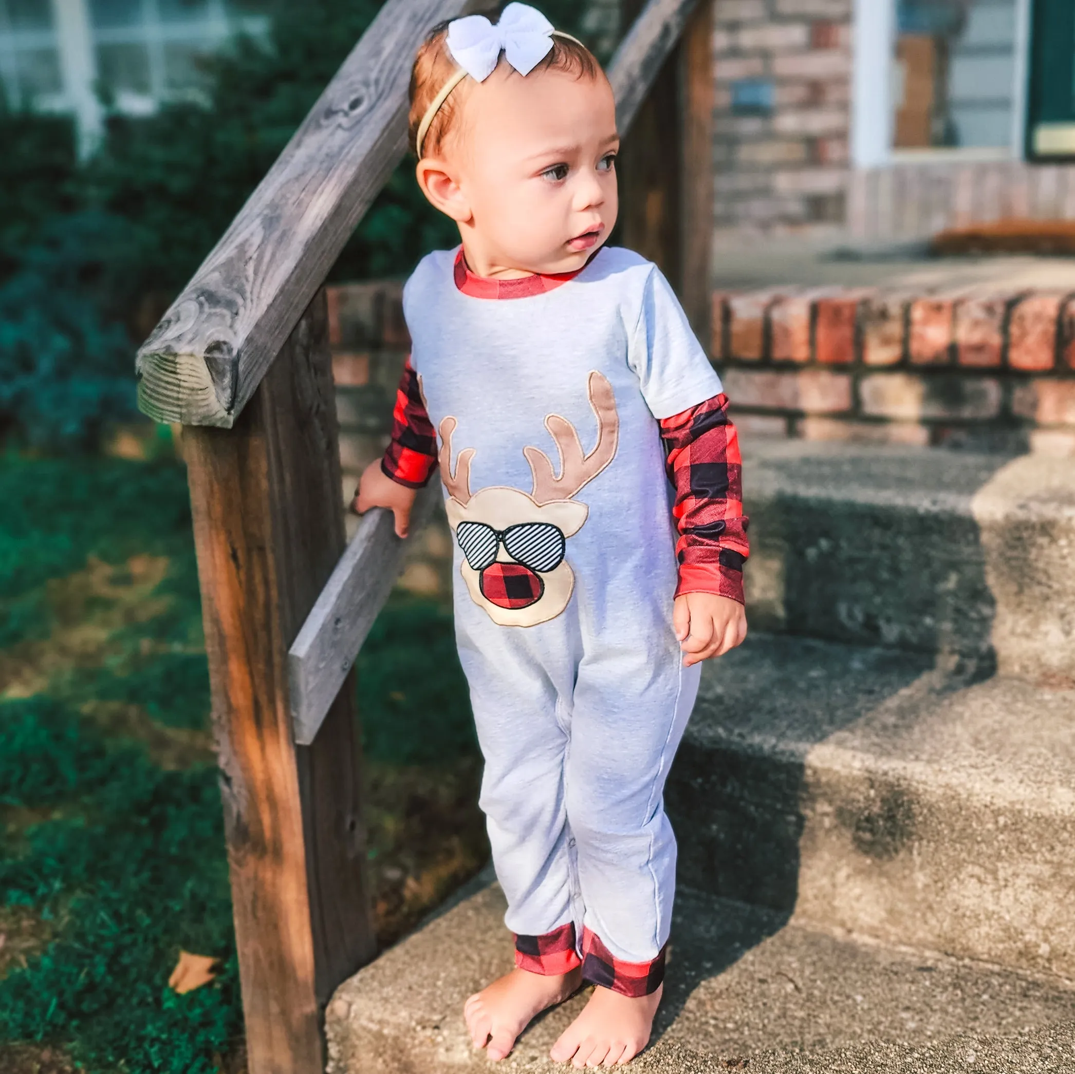 AnnLoren Baby Boys Unisex Holiday Christmas Reindeer Plaid Cotton Romper