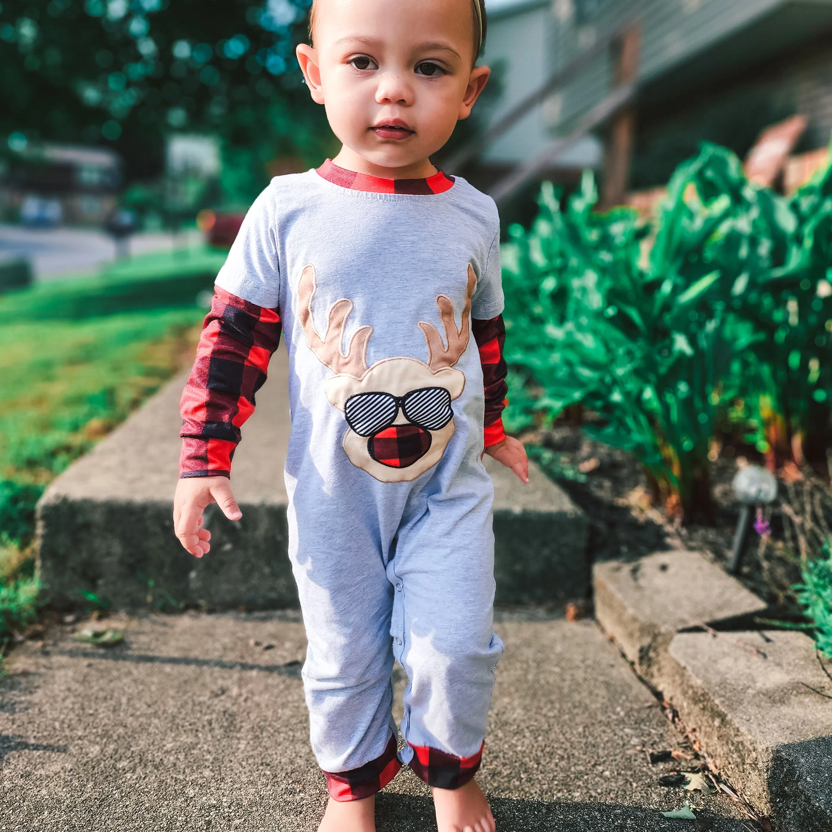 AnnLoren Baby Boys Unisex Holiday Christmas Reindeer Plaid Cotton Romper