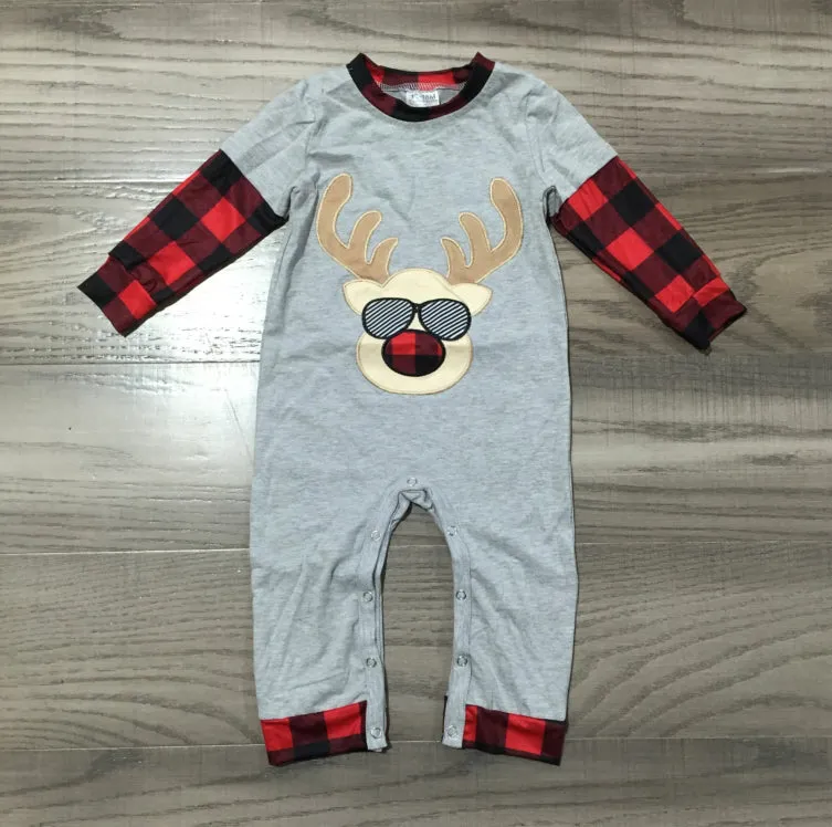 AnnLoren Baby Boys Unisex Holiday Christmas Reindeer Plaid Cotton Romper