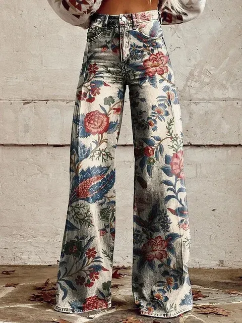 Aurora - Floral Printed Wide-Leg High-Waisted Pants