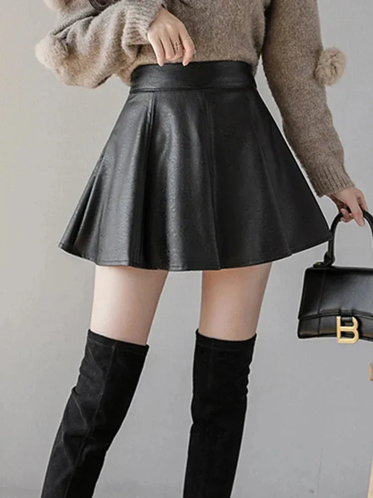 Autumn Fashion Women's Solid Color PU Pleated Skirts Winter Slim Fit High Waisted Unique Zippered Women Mini Leather Skirt