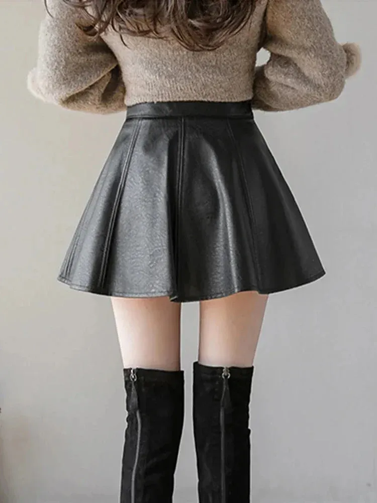 Autumn Fashion Women's Solid Color PU Pleated Skirts Winter Slim Fit High Waisted Unique Zippered Women Mini Leather Skirt