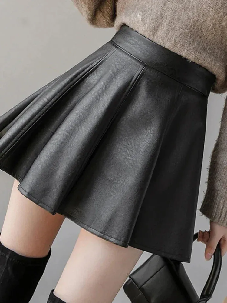 Autumn Fashion Women's Solid Color PU Pleated Skirts Winter Slim Fit High Waisted Unique Zippered Women Mini Leather Skirt