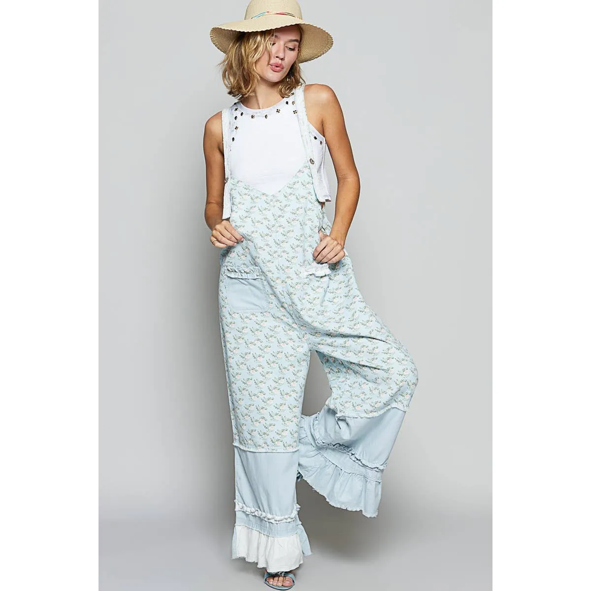 Baby Blue Floral pattern ruffle pockets overall POL pants