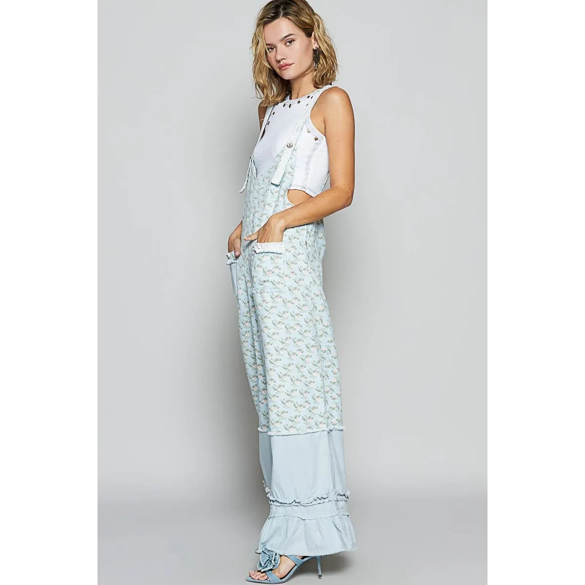 Baby Blue Floral pattern ruffle pockets overall POL pants