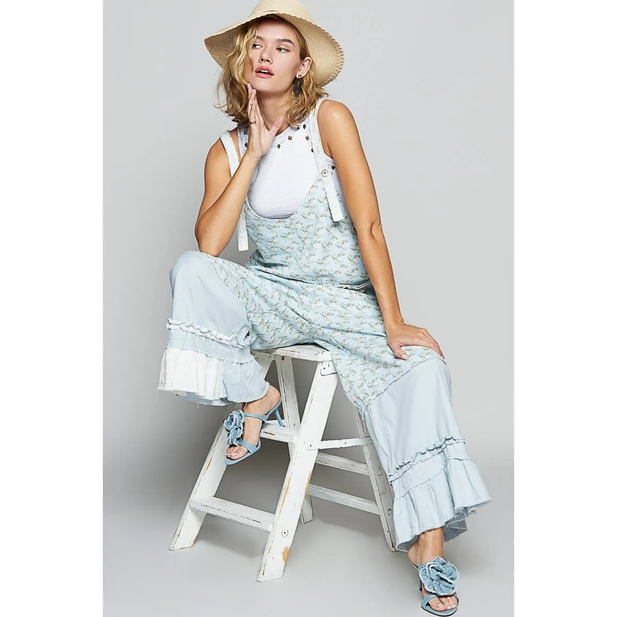 Baby Blue Floral pattern ruffle pockets overall POL pants