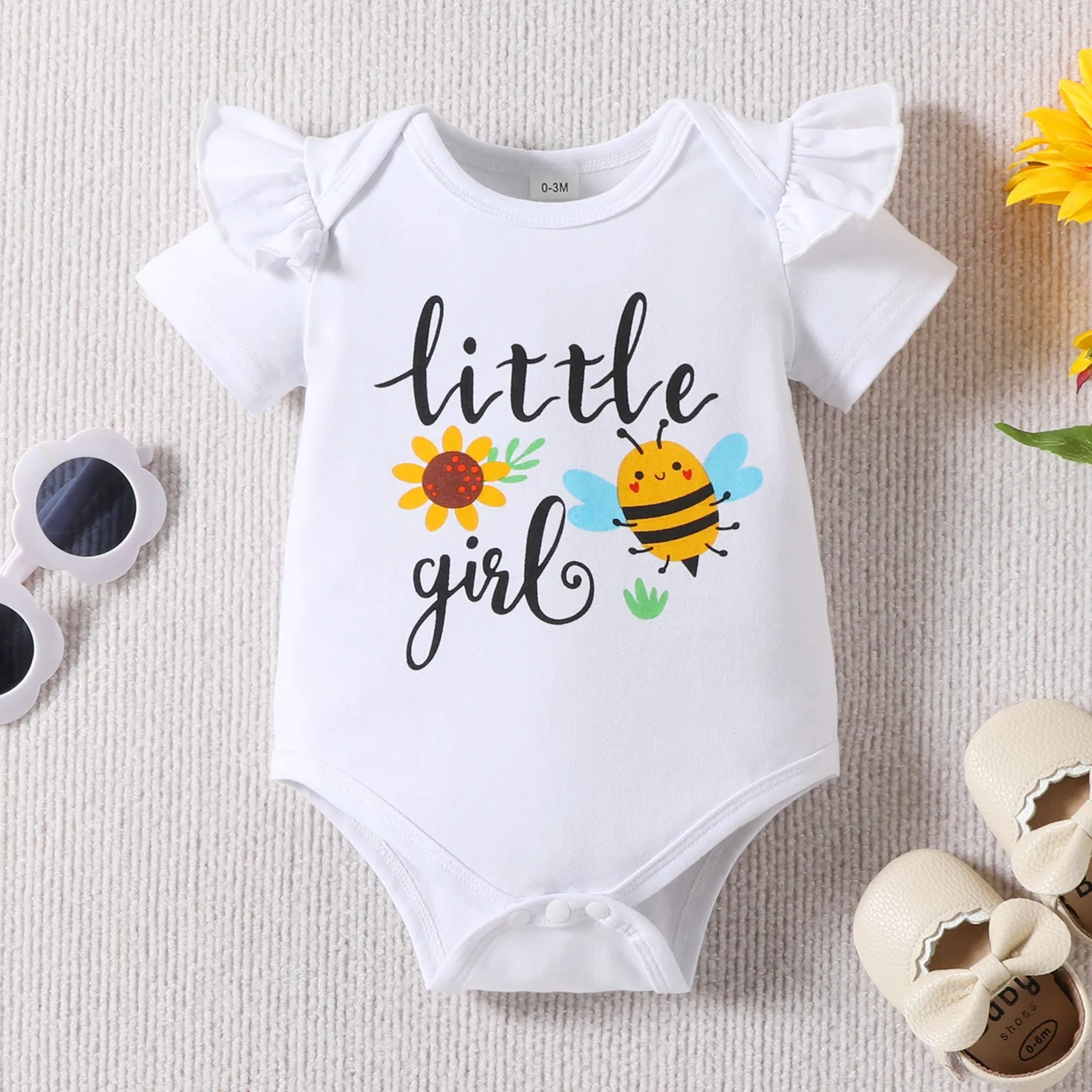 Baby Girl Letter Sunflower Print Bee Full Printed Trousers Three-piece Set