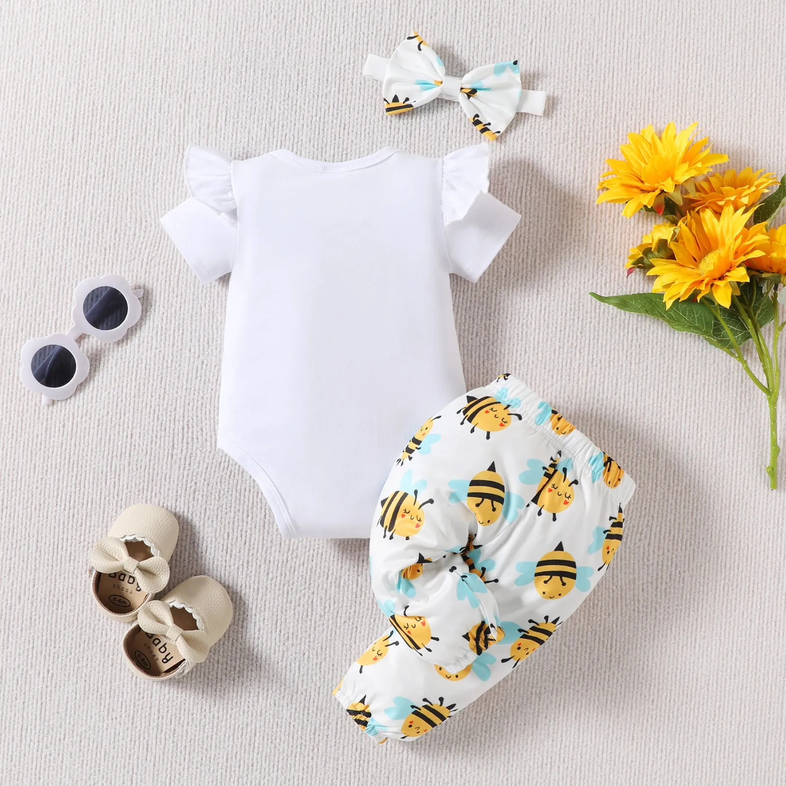 Baby Girl Letter Sunflower Print Bee Full Printed Trousers Three-piece Set