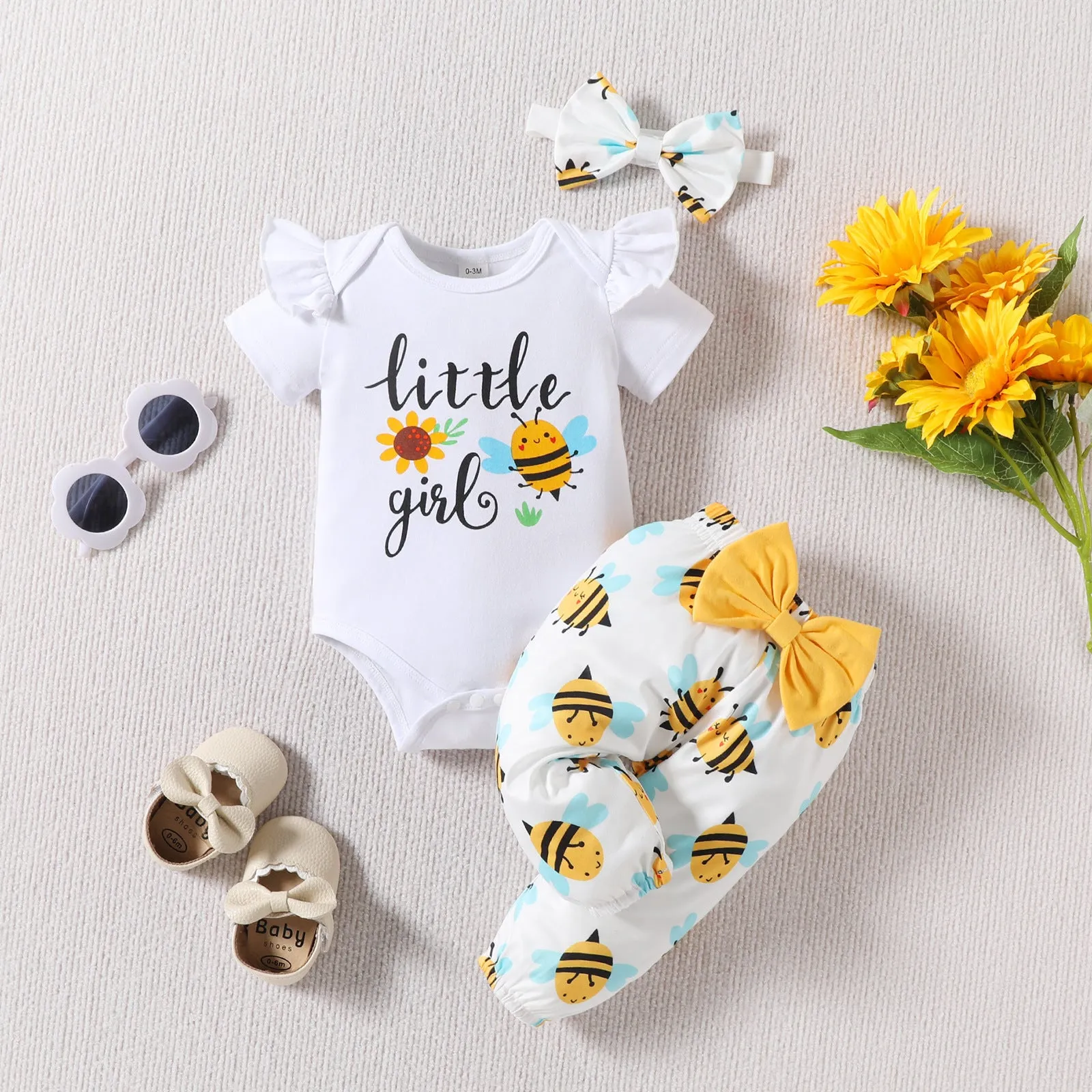 Baby Girl Letter Sunflower Print Bee Full Printed Trousers Three-piece Set