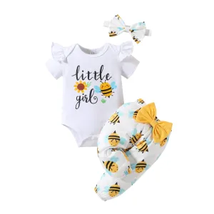 Baby Girl Letter Sunflower Print Bee Full Printed Trousers Three-piece Set