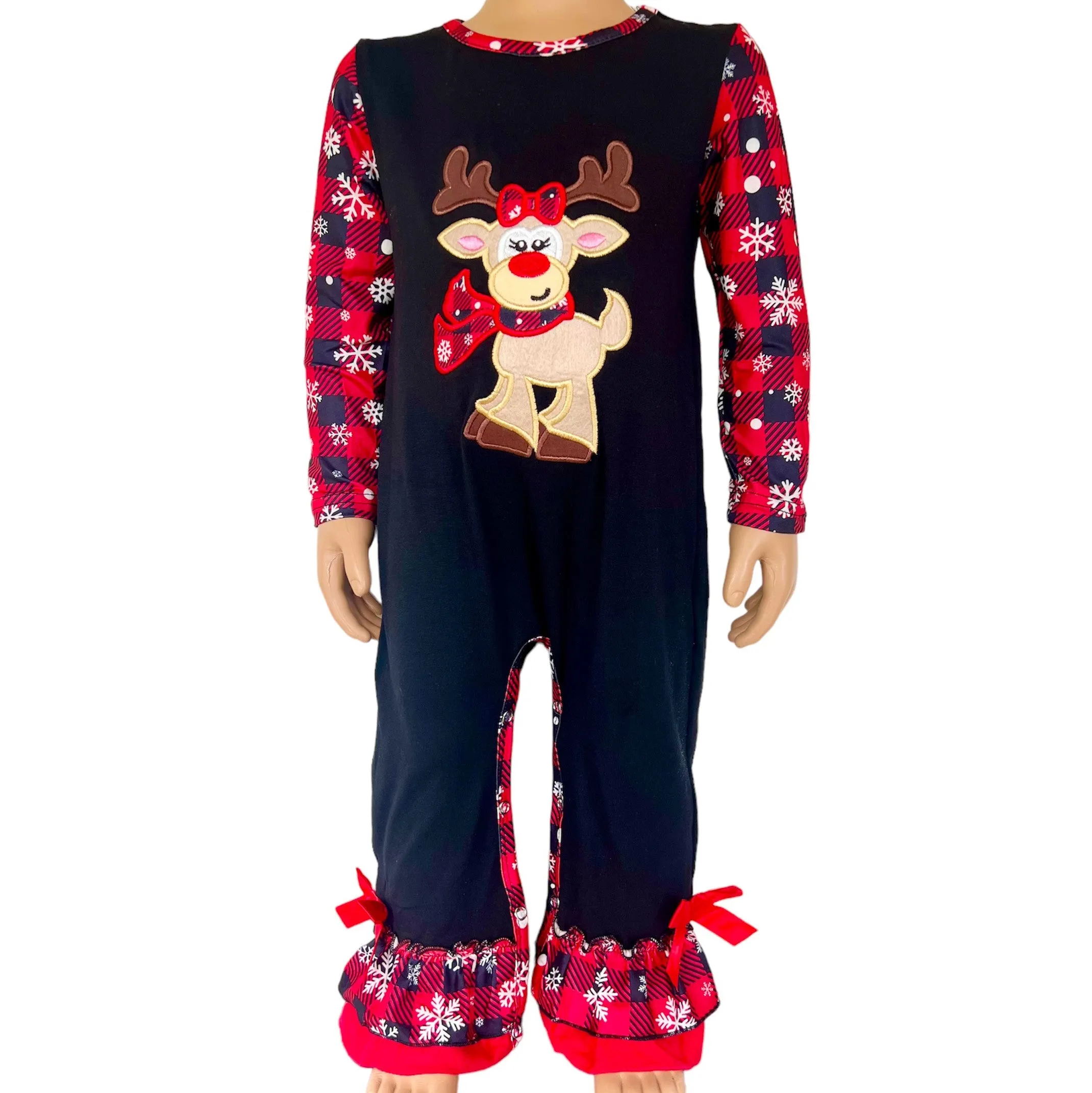 Baby Girls Christmas Plaid Reindeer Snowflakes Holiday Romper