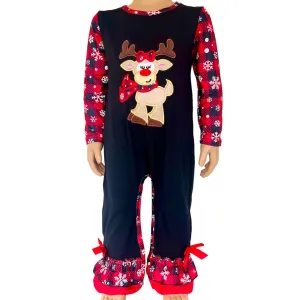 Baby Girls Christmas Plaid Reindeer Snowflakes Holiday Romper
