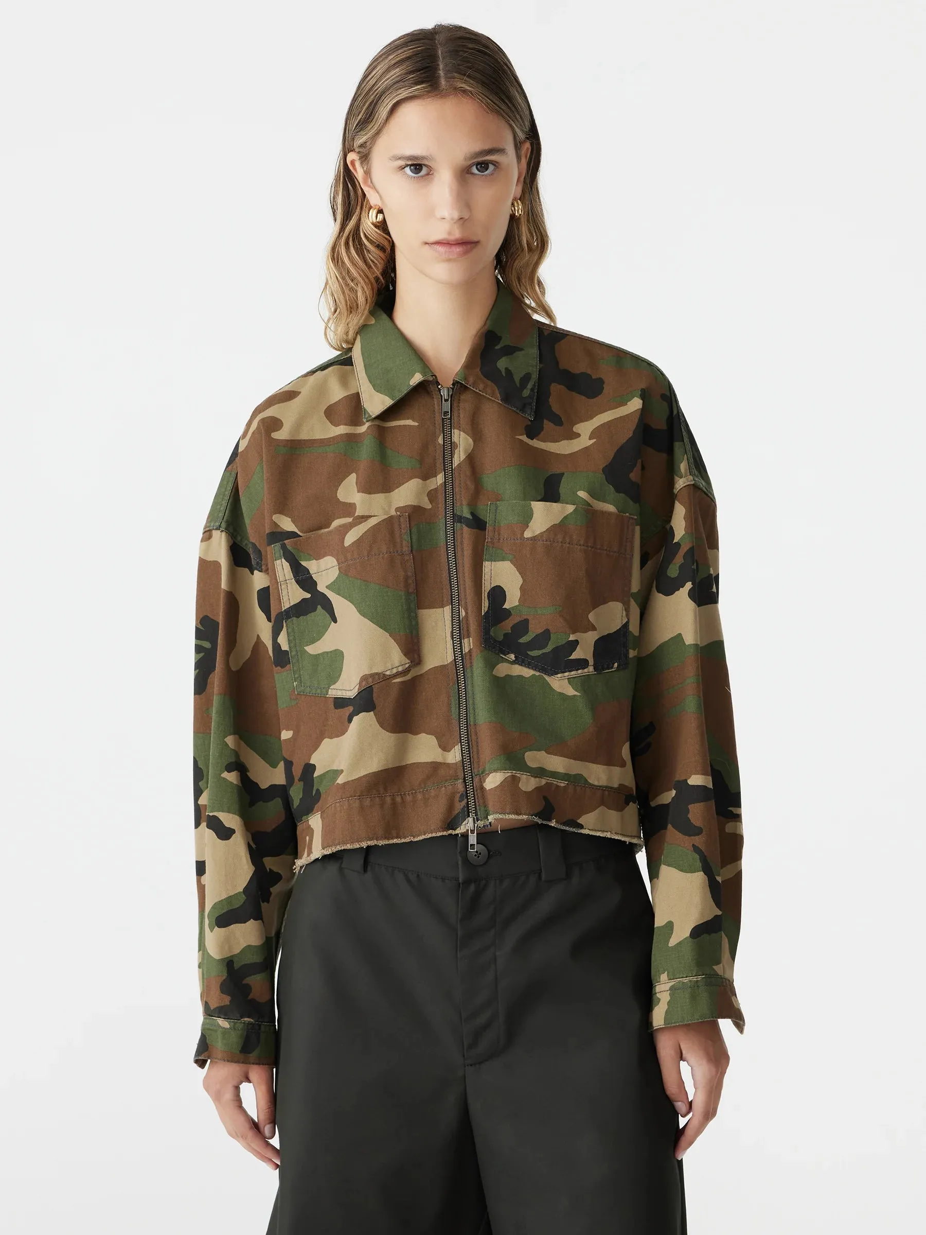 Bassike Camo Zip Front Crop Jacket in Military Camo