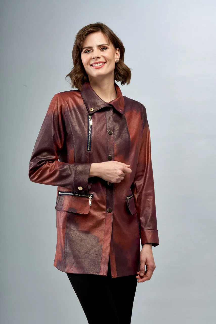 BCJ1826FMPR Long Solid Vegan Jacket with Zip Pockets and Snap Closures in Liquid Dusk