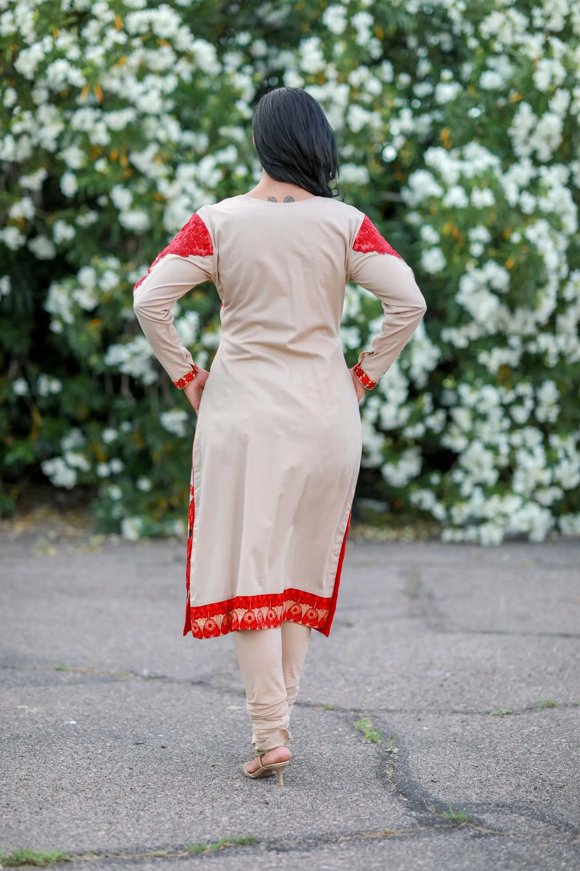 Beige and Red Silk Salwar Kameez Suit