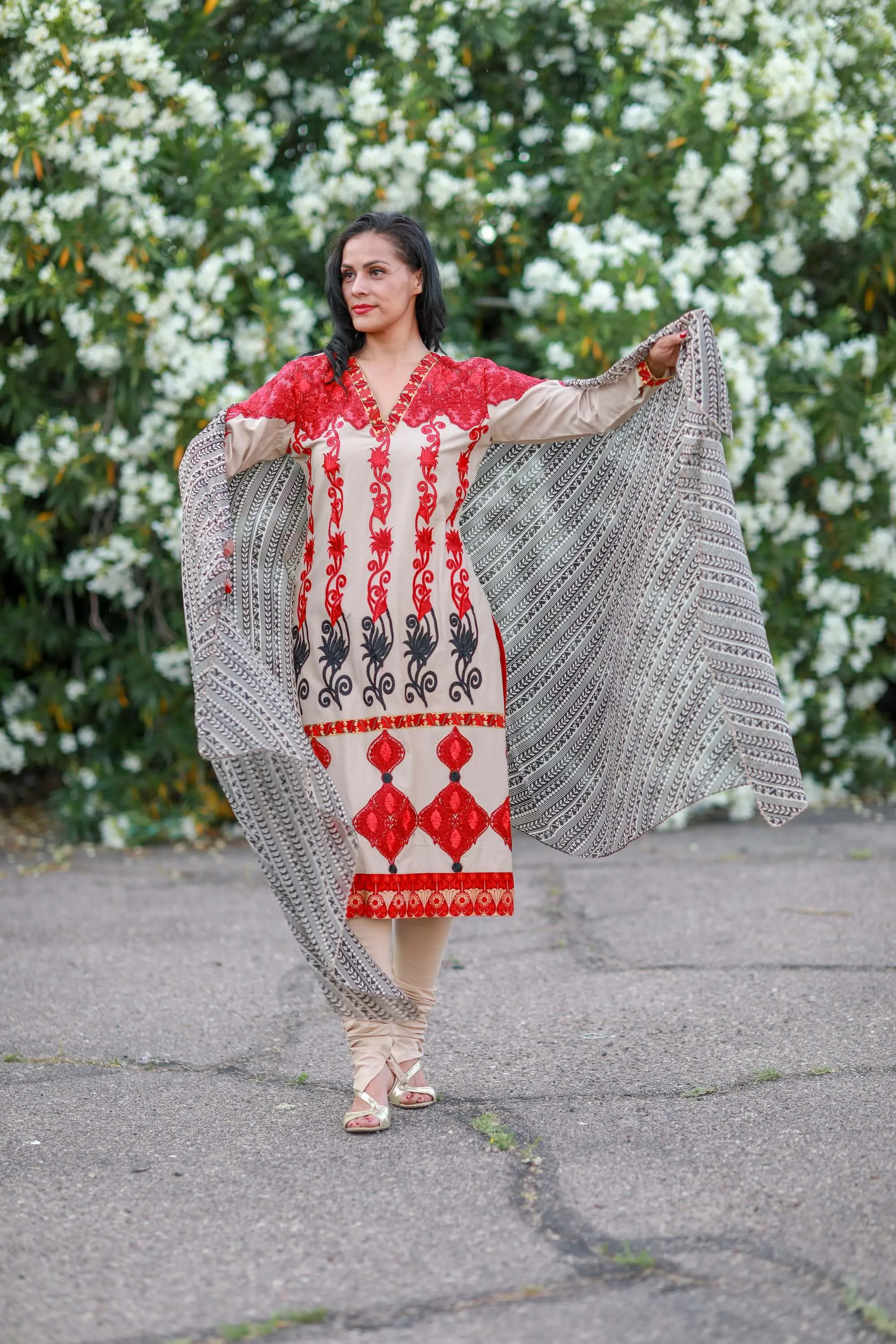 Beige and Red Silk Salwar Kameez Suit
