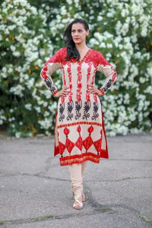 Beige and Red Silk Salwar Kameez Suit