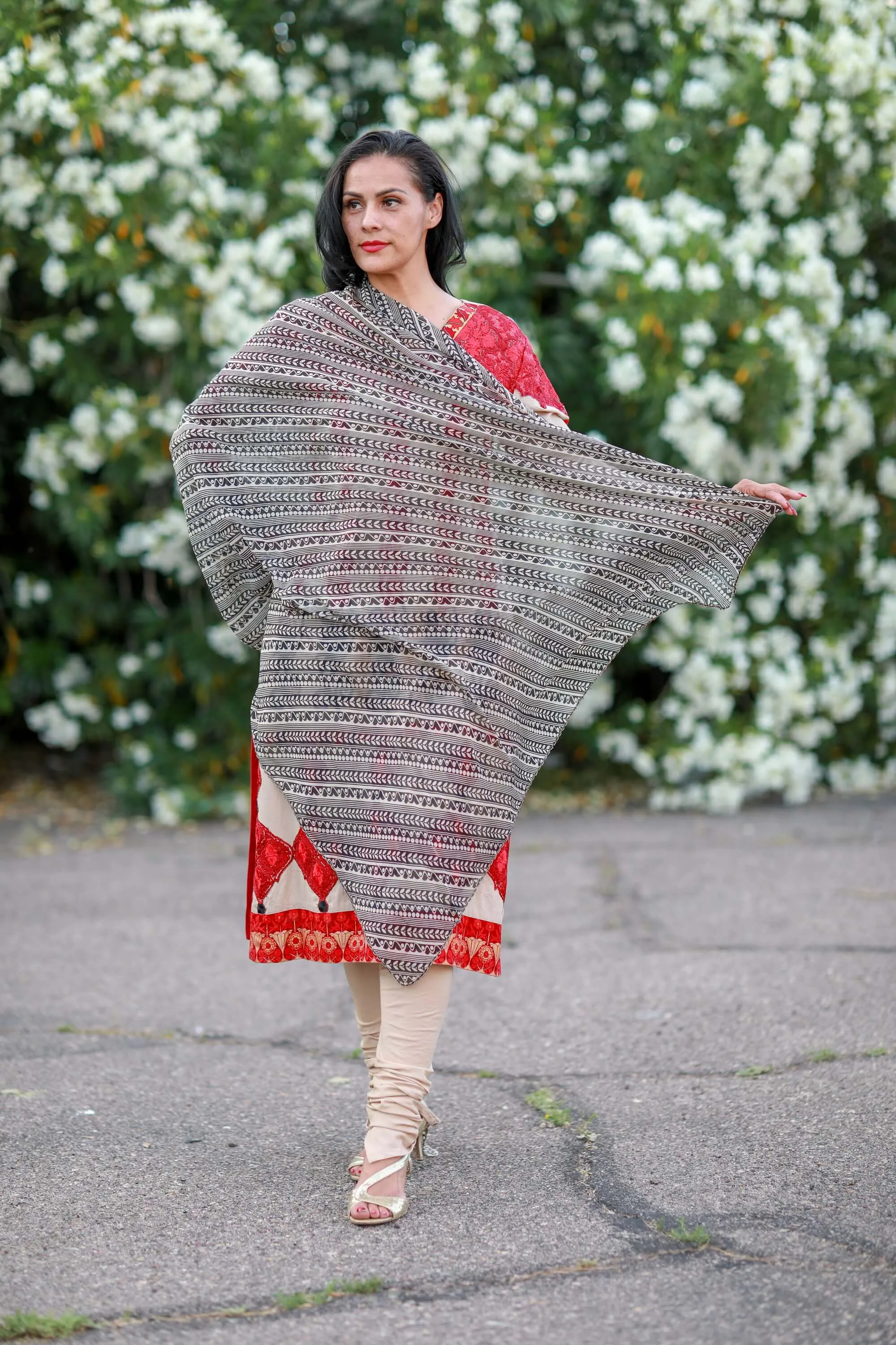 Beige and Red Silk Salwar Kameez Suit