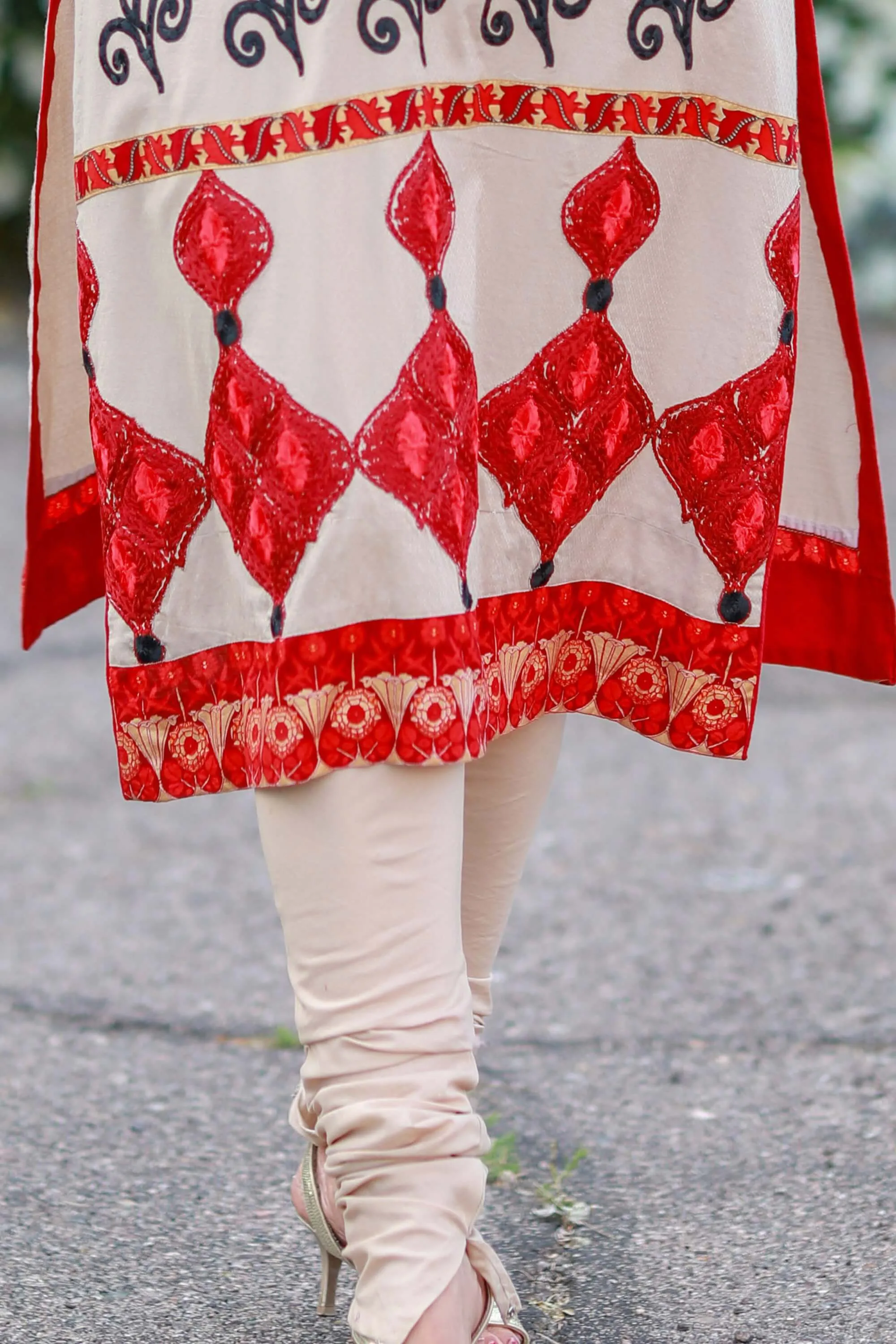 Beige and Red Silk Salwar Kameez Suit