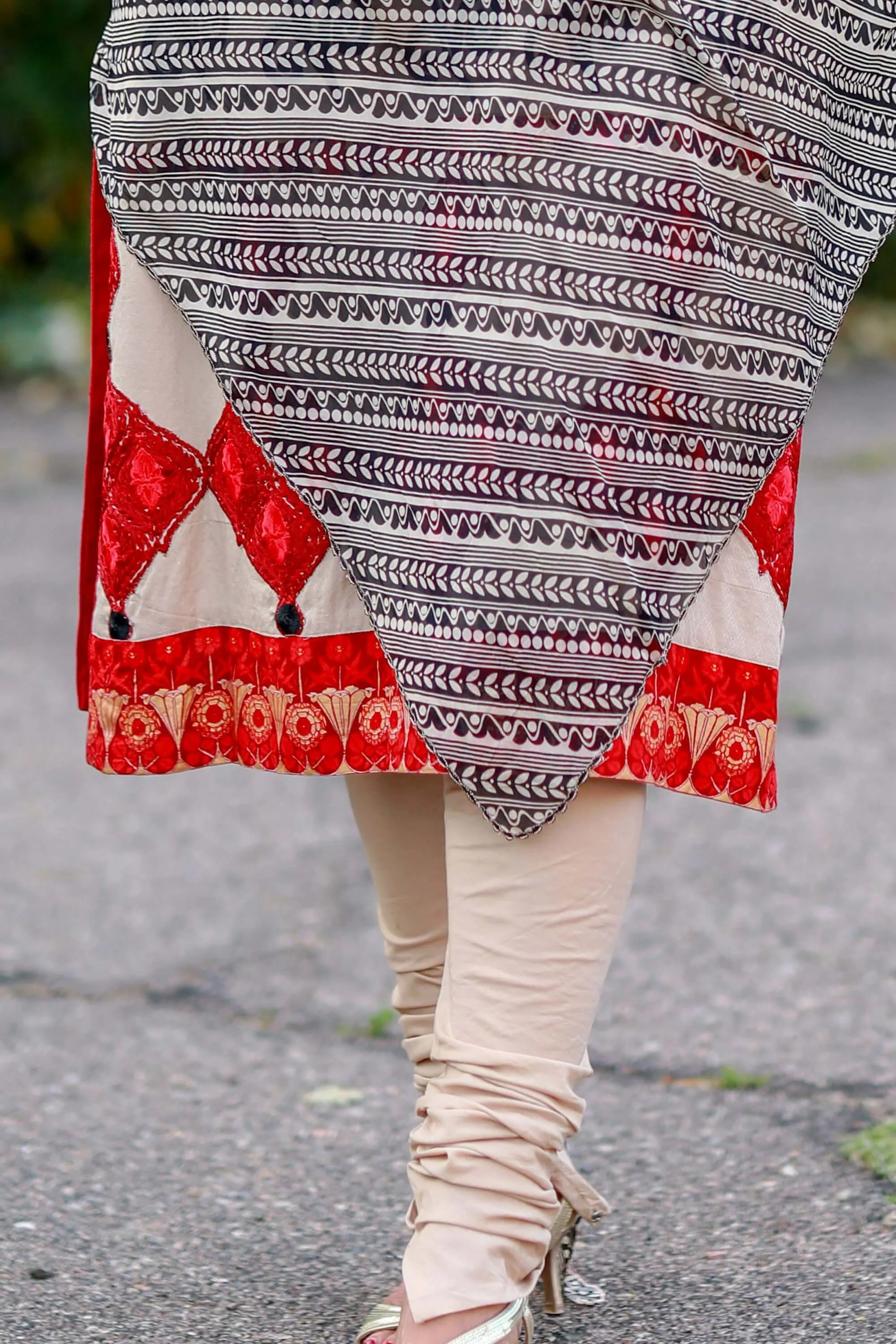Beige and Red Silk Salwar Kameez Suit