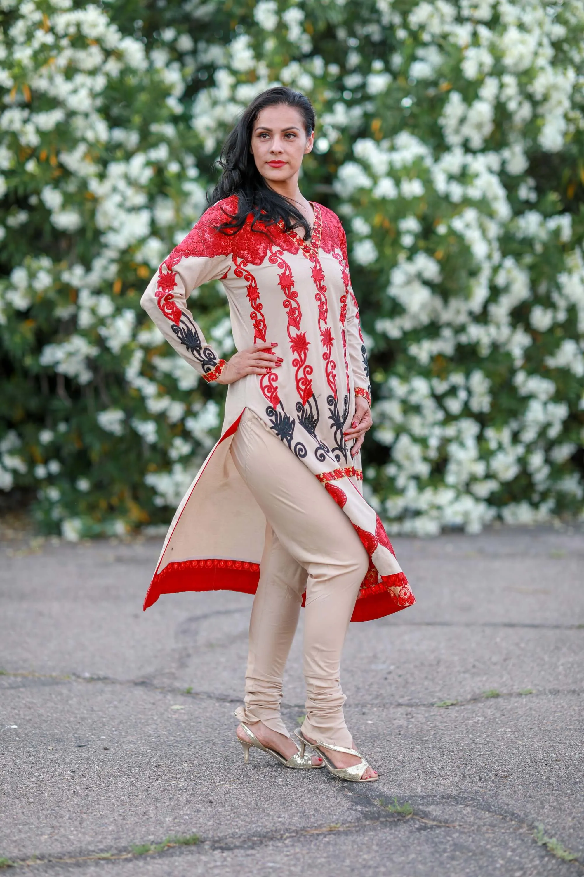 Beige and Red Silk Salwar Kameez Suit