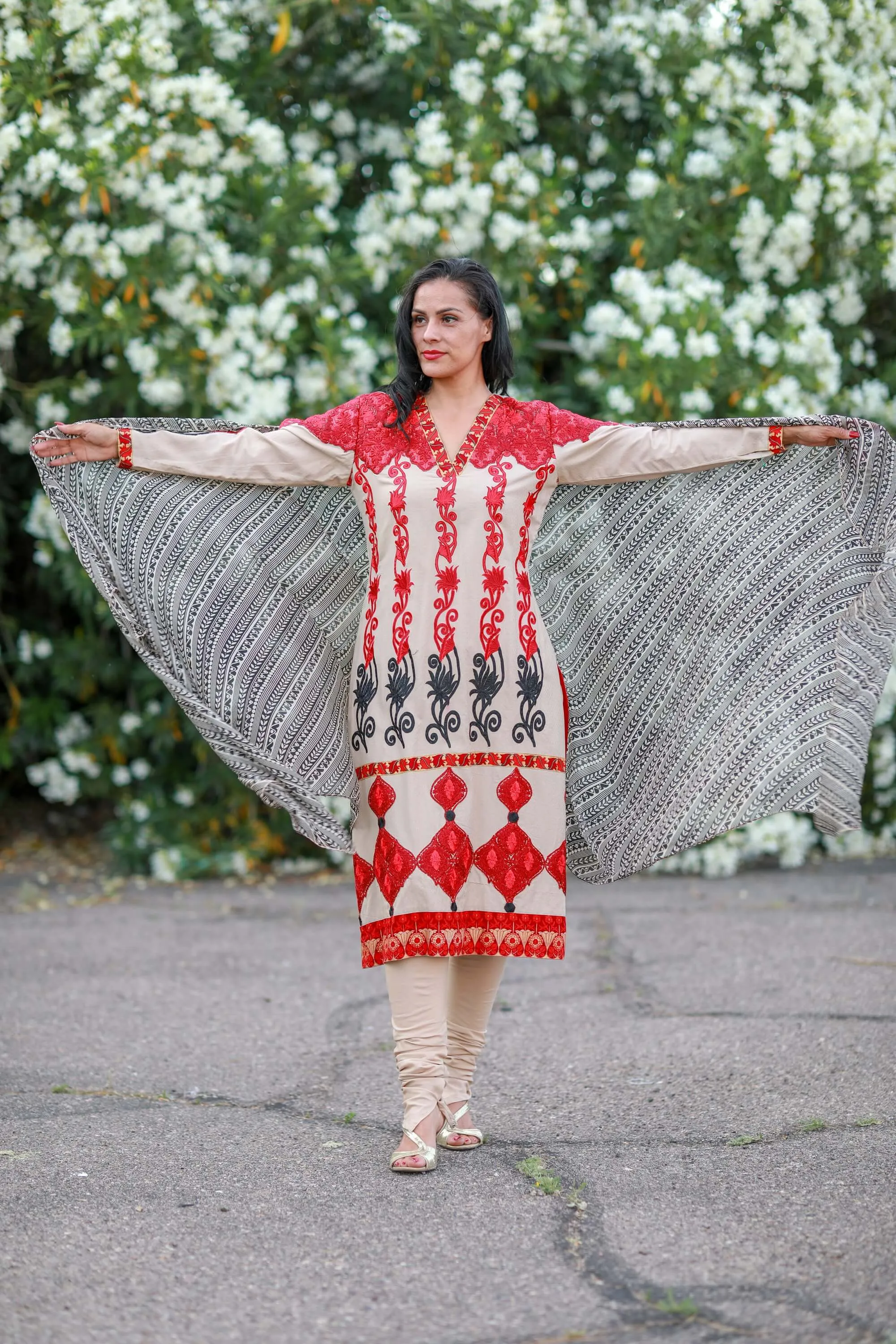 Beige and Red Silk Salwar Kameez Suit
