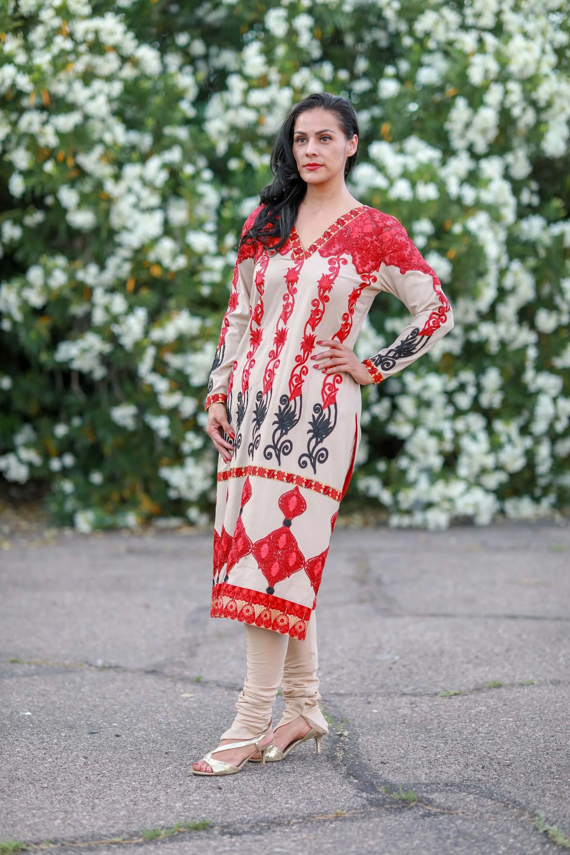 Beige and Red Silk Salwar Kameez Suit