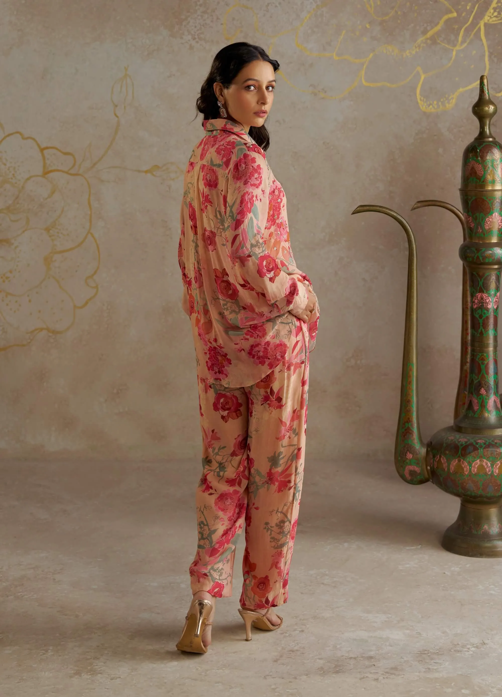 Beige printed shirt and pants