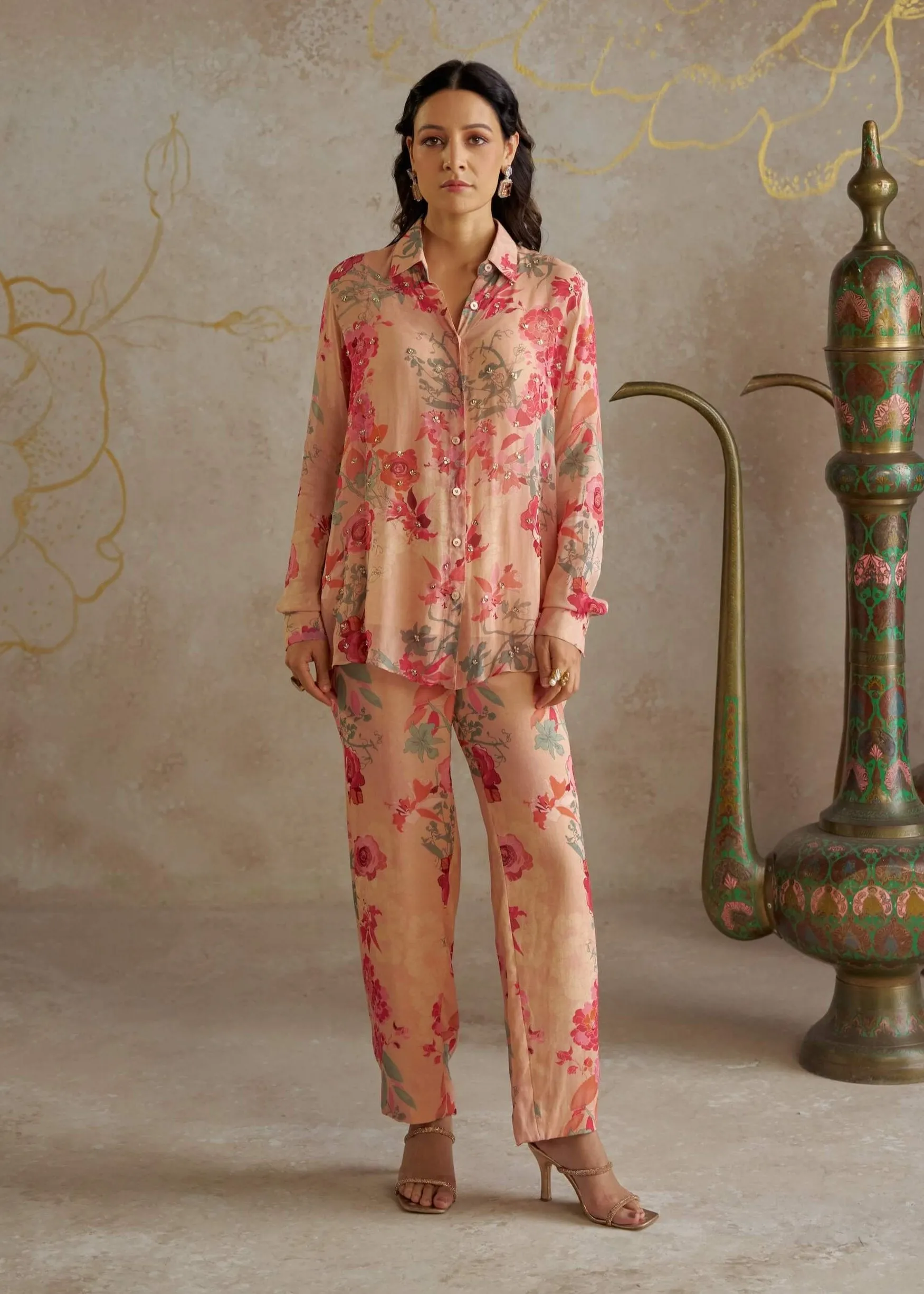 Beige printed shirt and pants