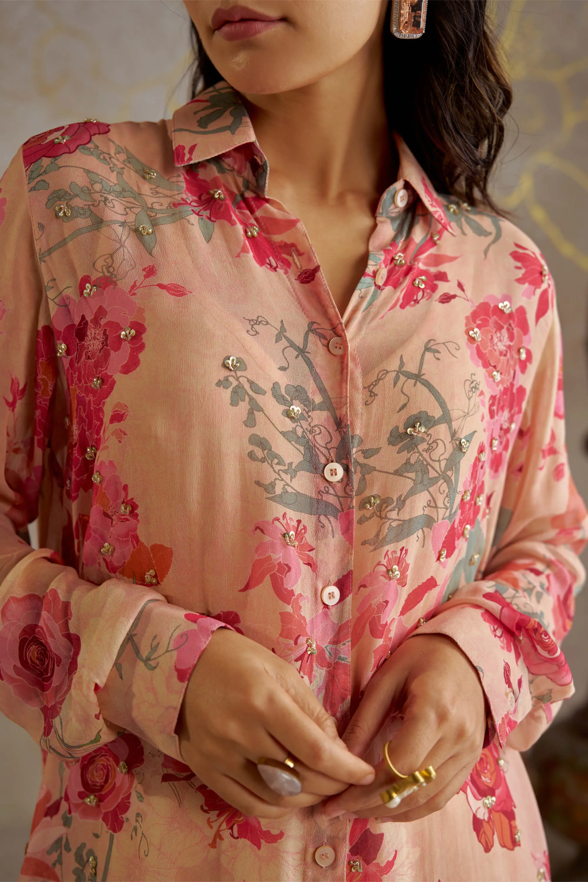 Beige printed shirt and pants