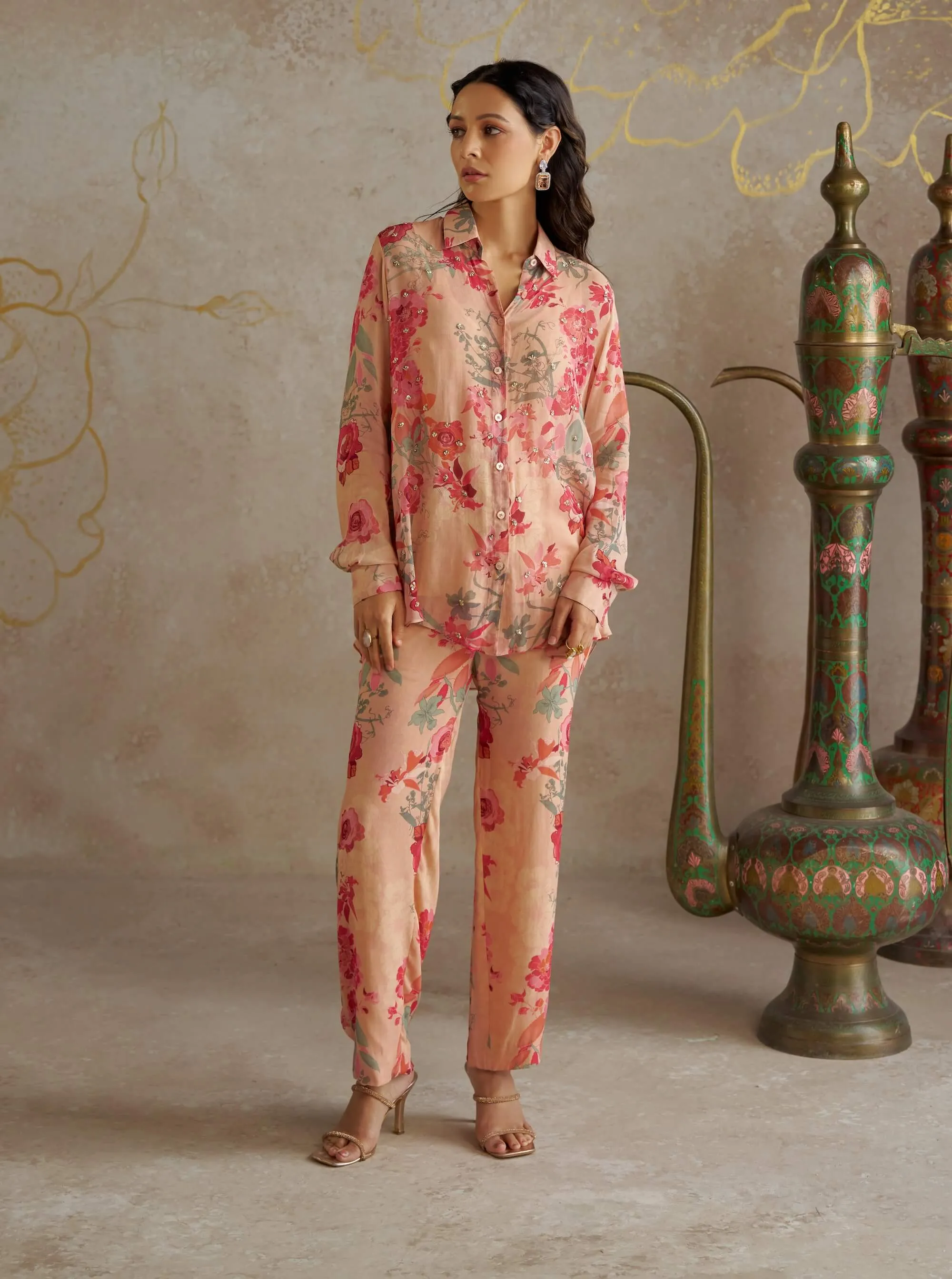 Beige printed shirt and pants