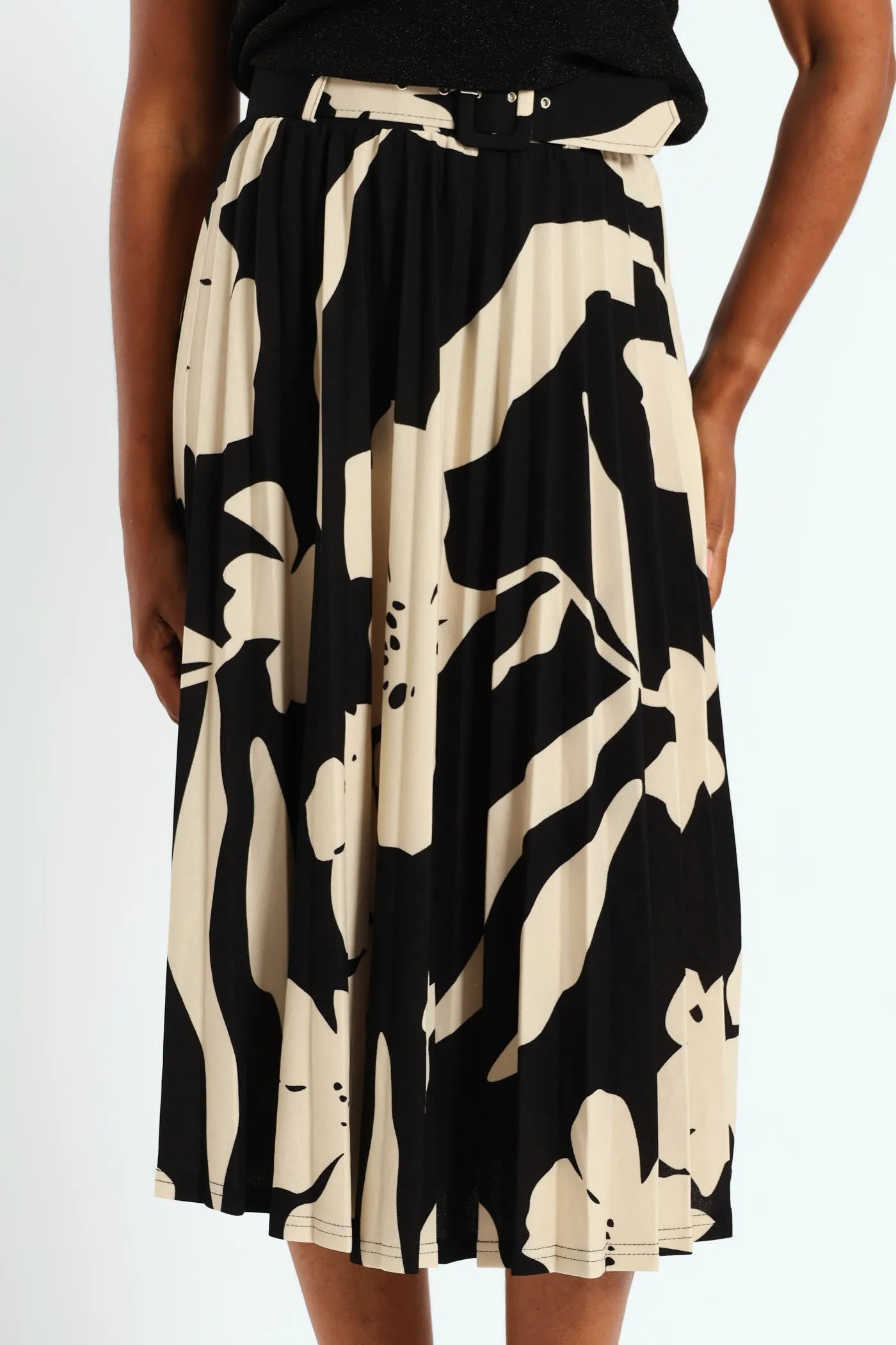 Belted Pleated Skirt - Black