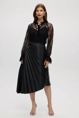 BLACK HIGH-WAISTED VEGAN LEATHER PLEATED SKIRT