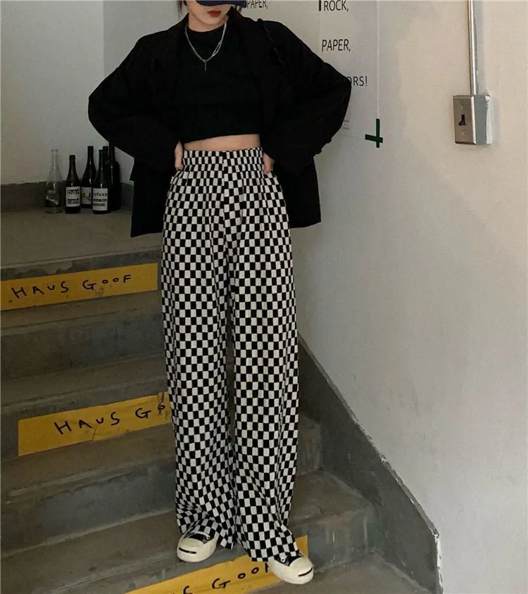 Black White Plaid Checkered Wide Leg Pants