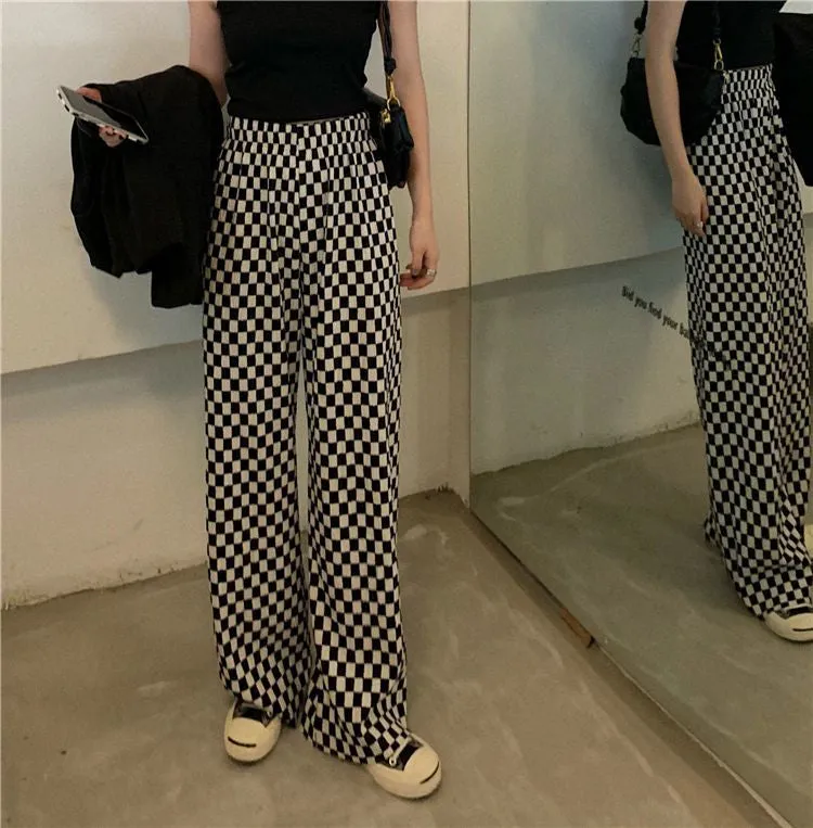 Black White Plaid Checkered Wide Leg Pants