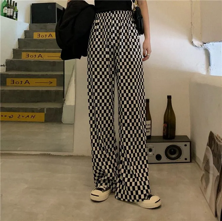 Black White Plaid Checkered Wide Leg Pants