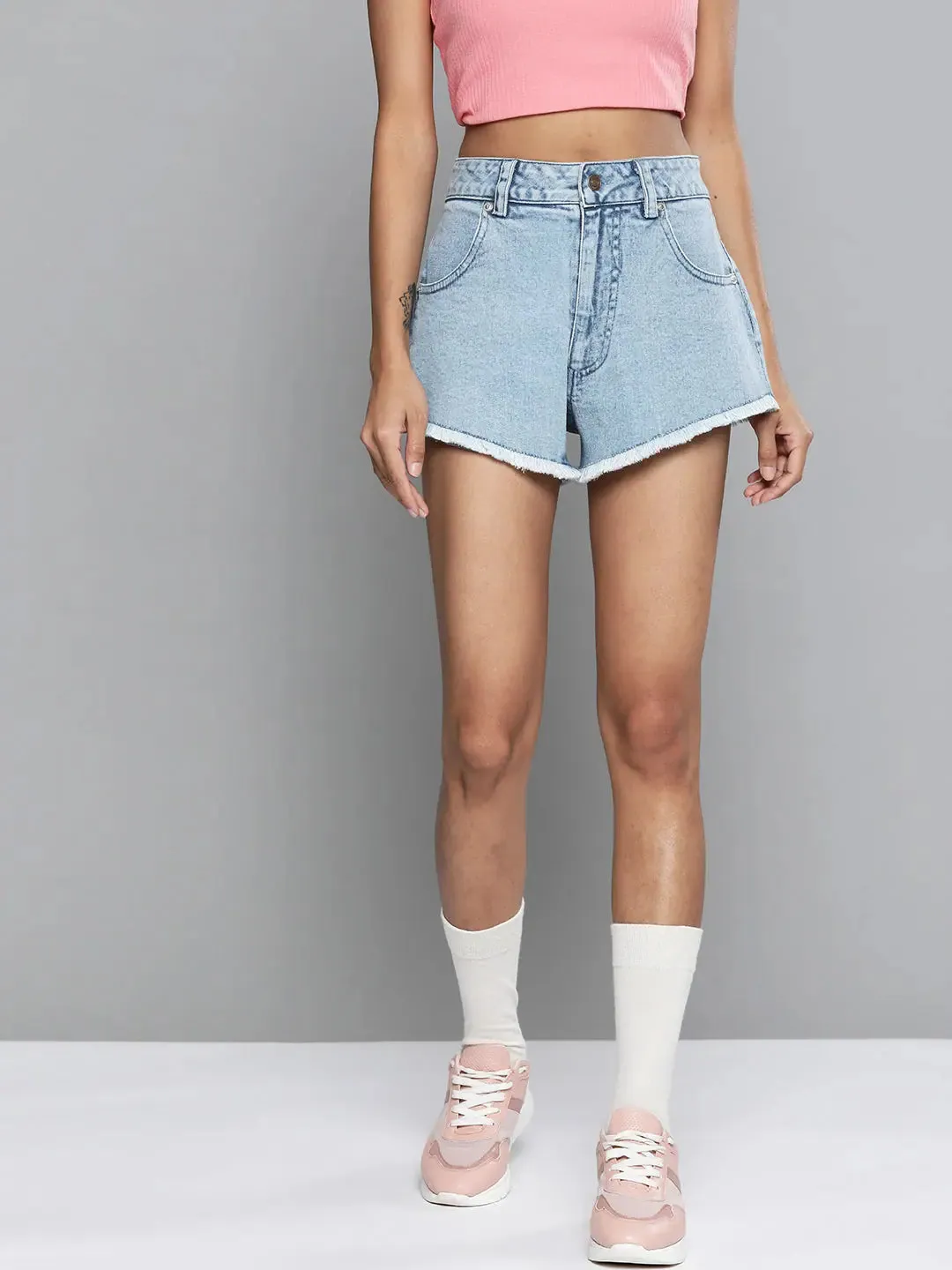 Blue Denim High Waist A-Line Shorts
