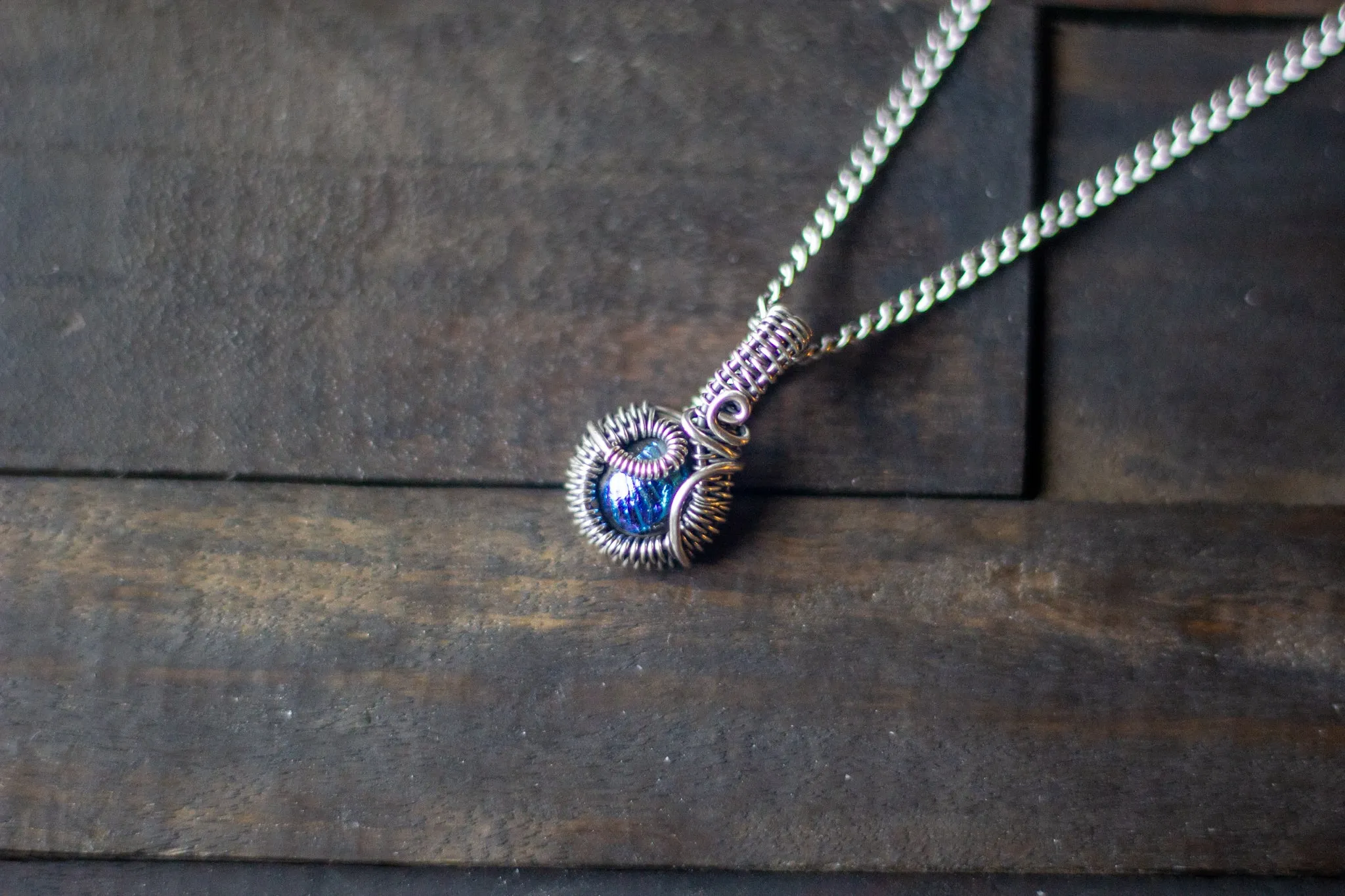Blue Dichroic Fused Glass And Sterling Silver Mini Pendant