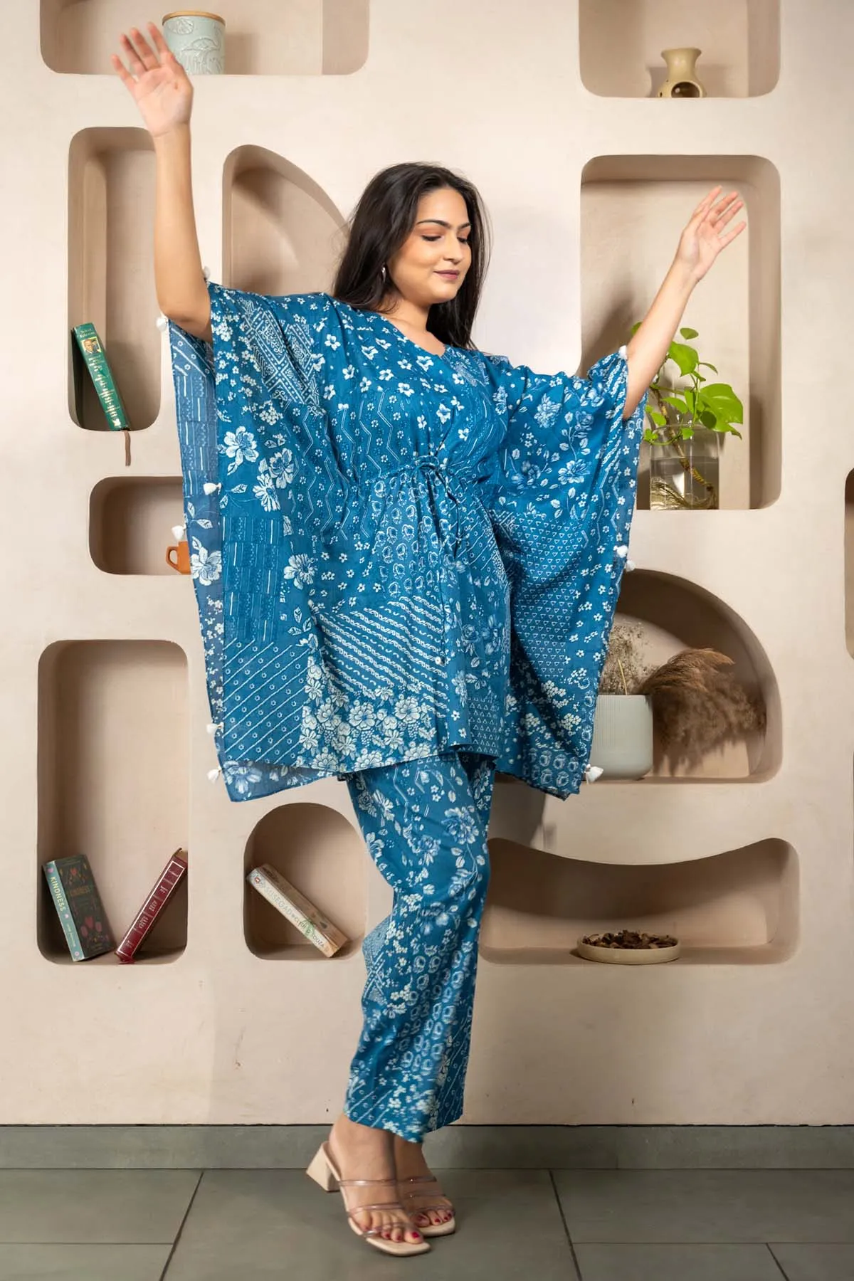 Blue Printed Cotton Kaftan Set