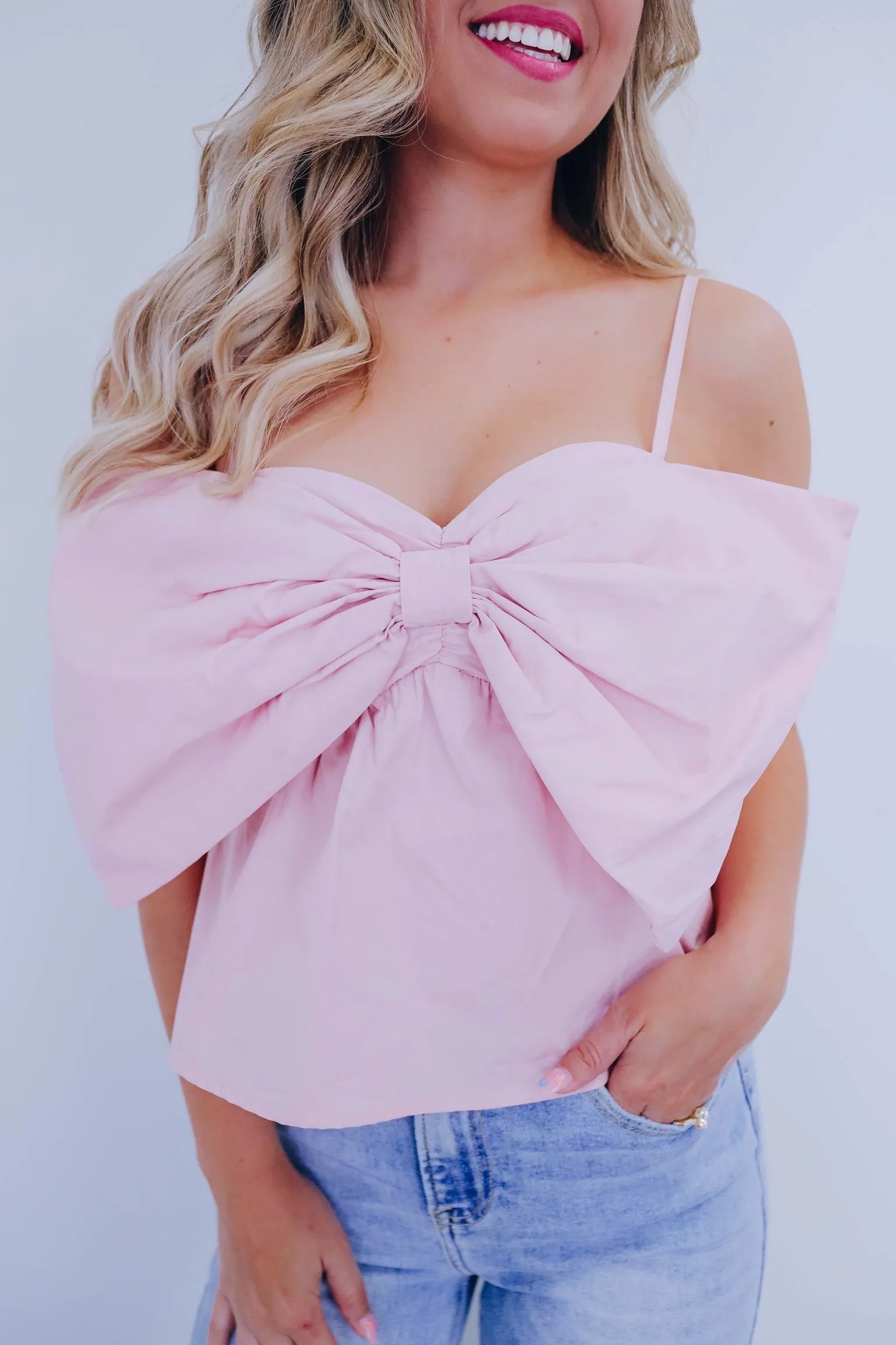 Bow Detail Cotton Top - Blush