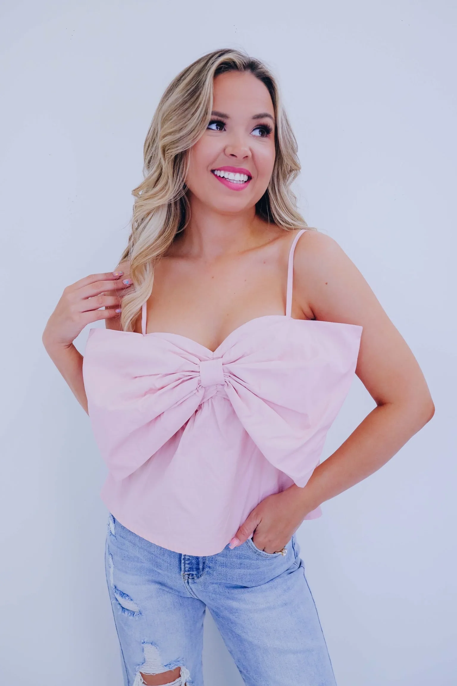 Bow Detail Cotton Top - Blush