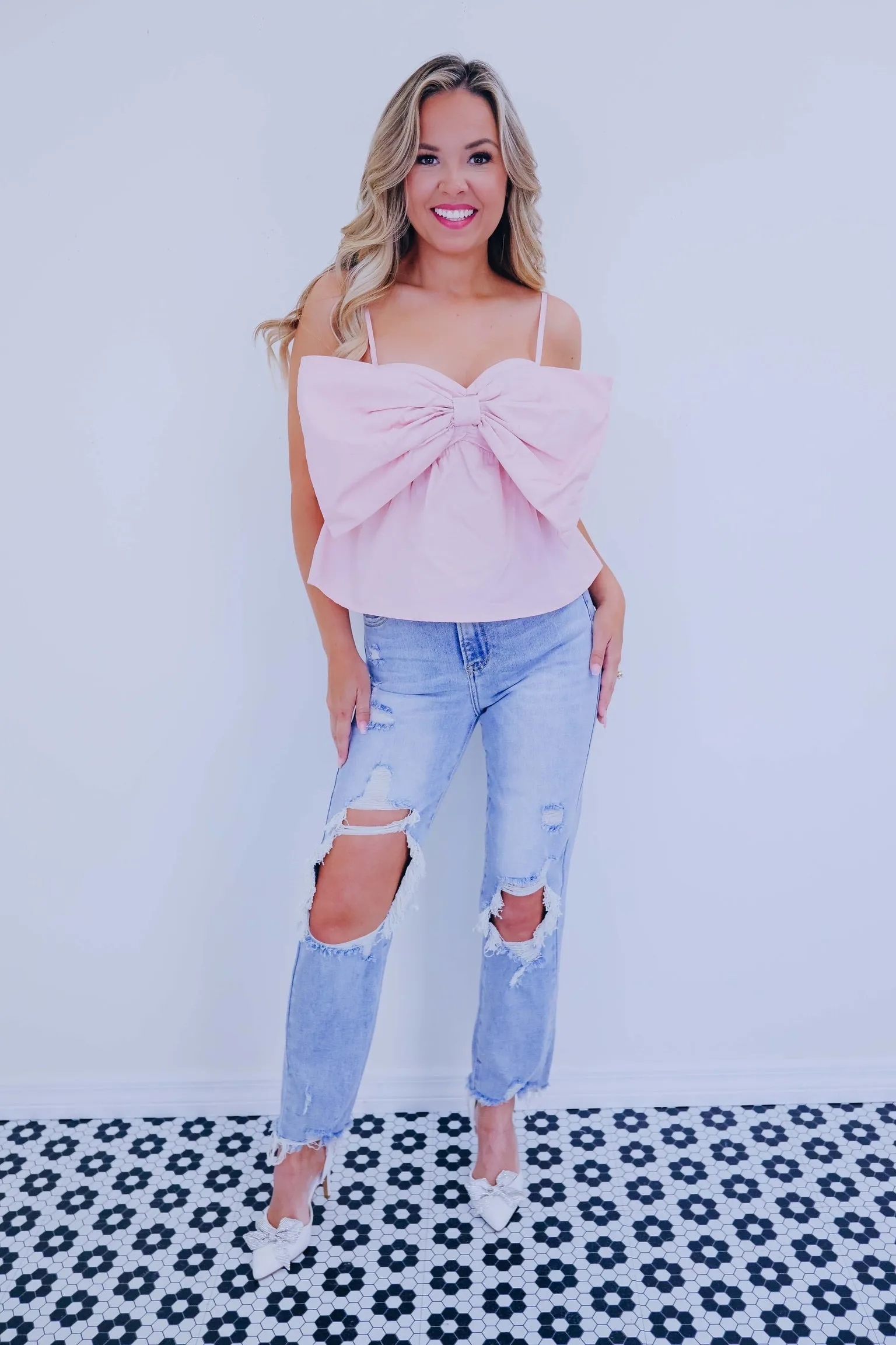 Bow Detail Cotton Top - Blush