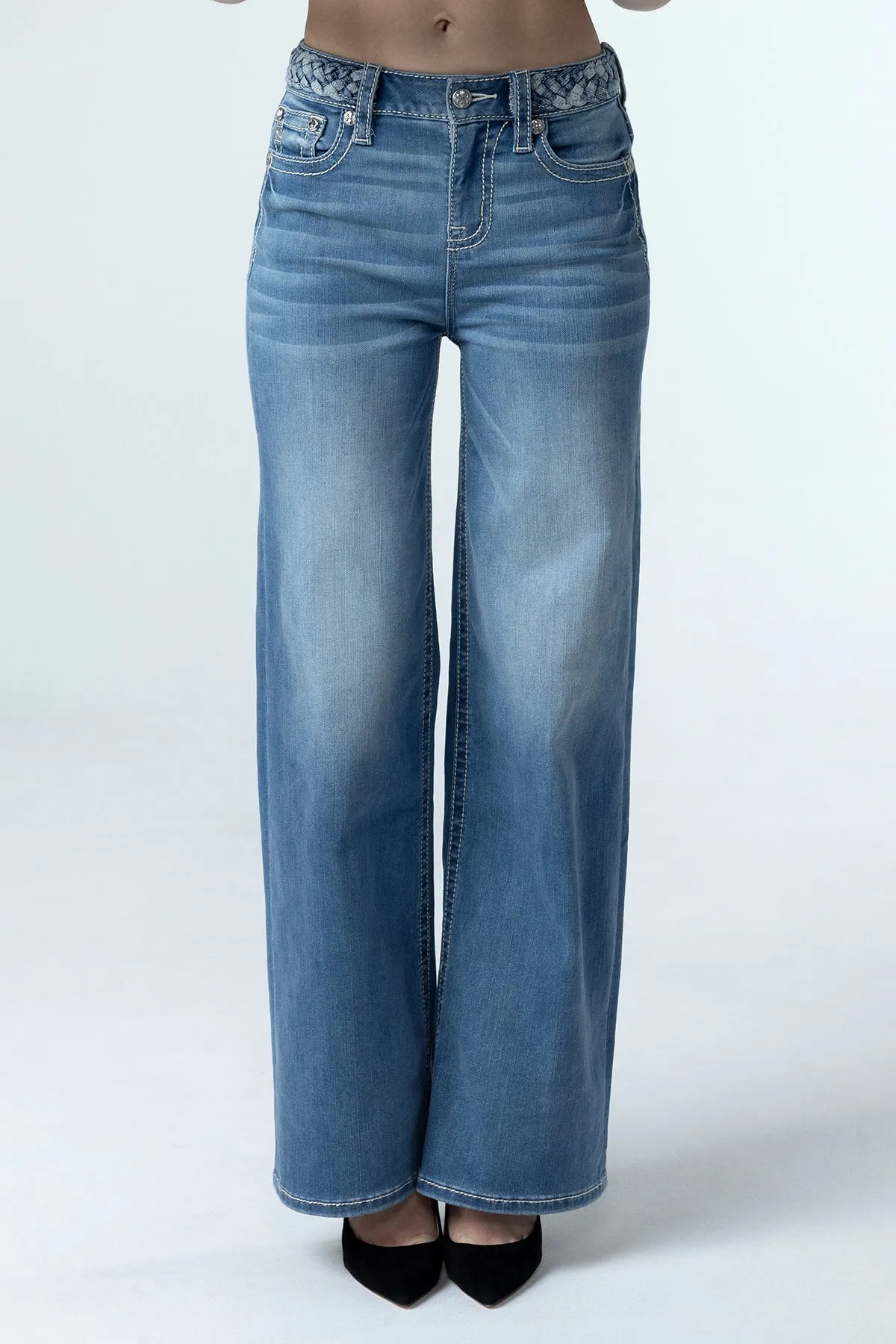 Braided Waist Wide Leg Jeans