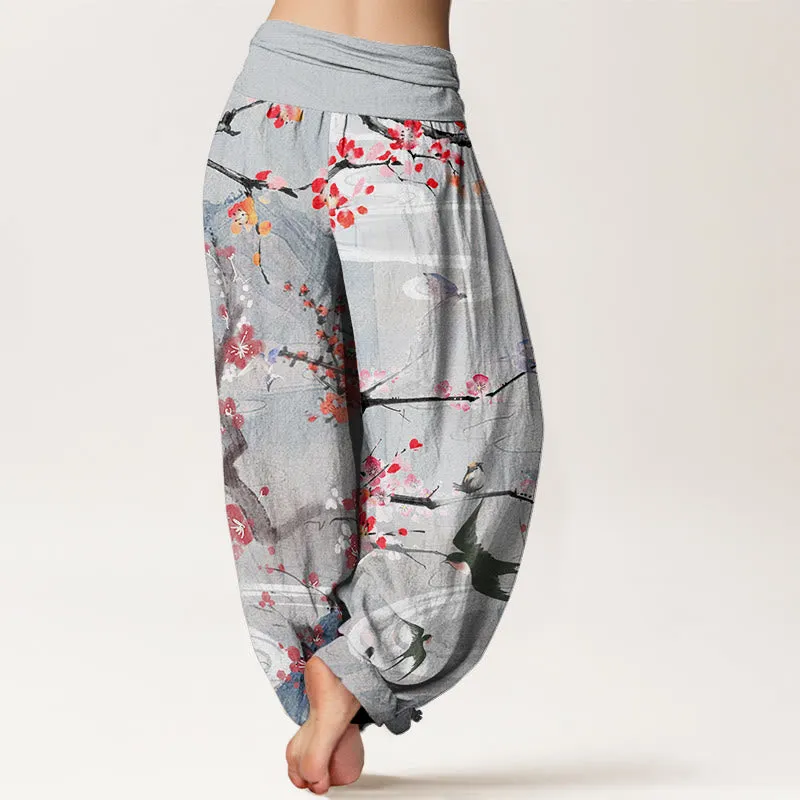 Buddha Stones Casual Plum Blossom Bird Mountain Pattern Women's Elastic Waist Harem Pants